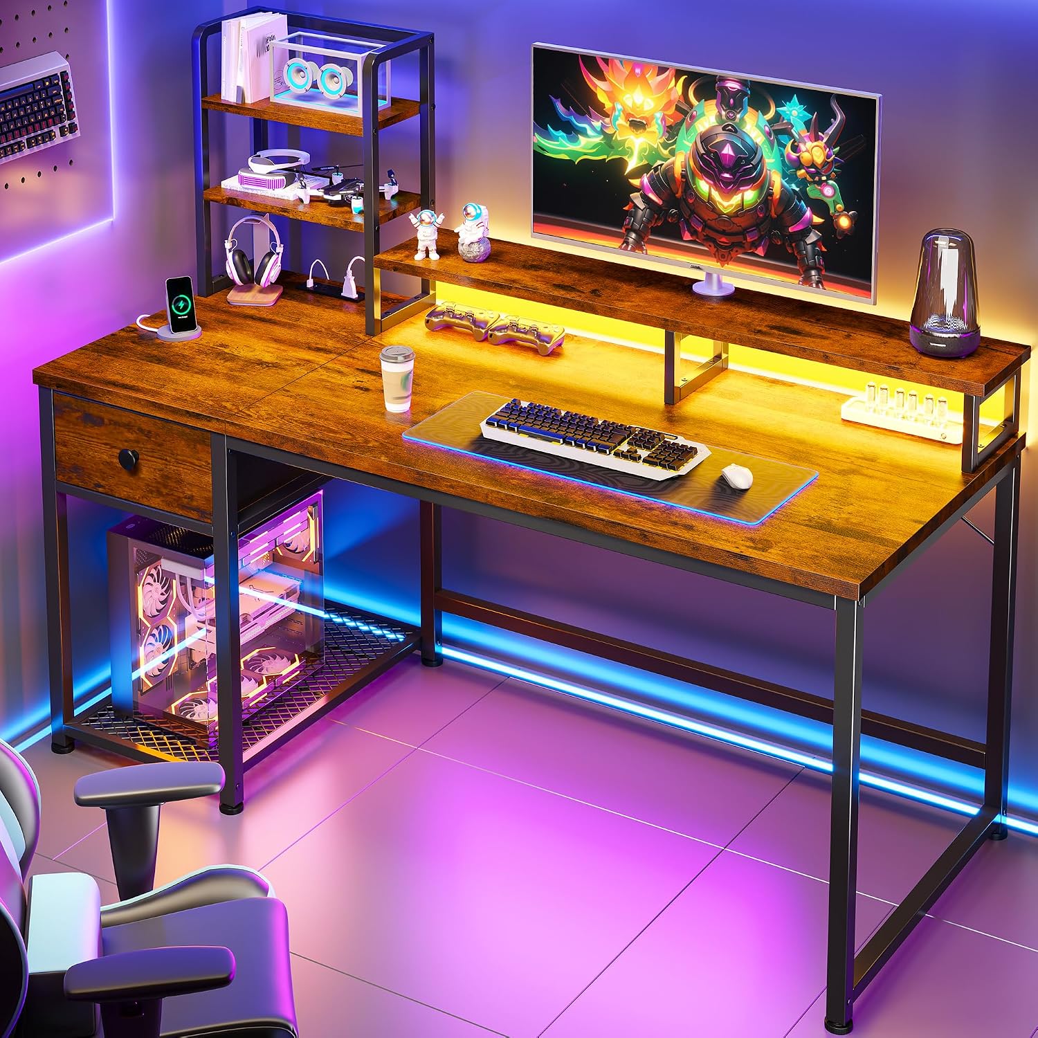 Meja Komputer Kecil Dengan Rak - Desk Setup Brown ulasan dan harga