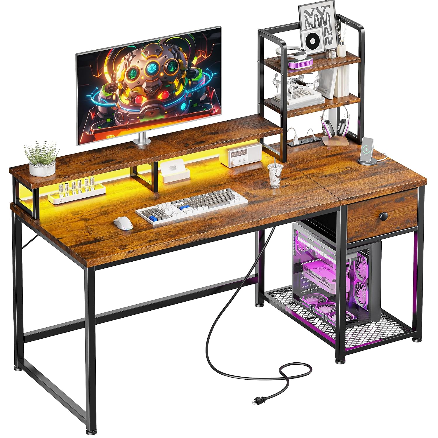 Meja Komputer Kecil Dengan Rak - Desk Setup Brown ulasan dan harga